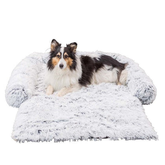 Trixie Harvey soffbädd vit/svart – fluffig långhårig hundsäng med hund som vilar