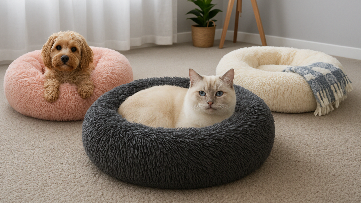 Hund och katt vilar tillsammans i WiggleTail-bäddar som ger trygghet och komfort för husdjur